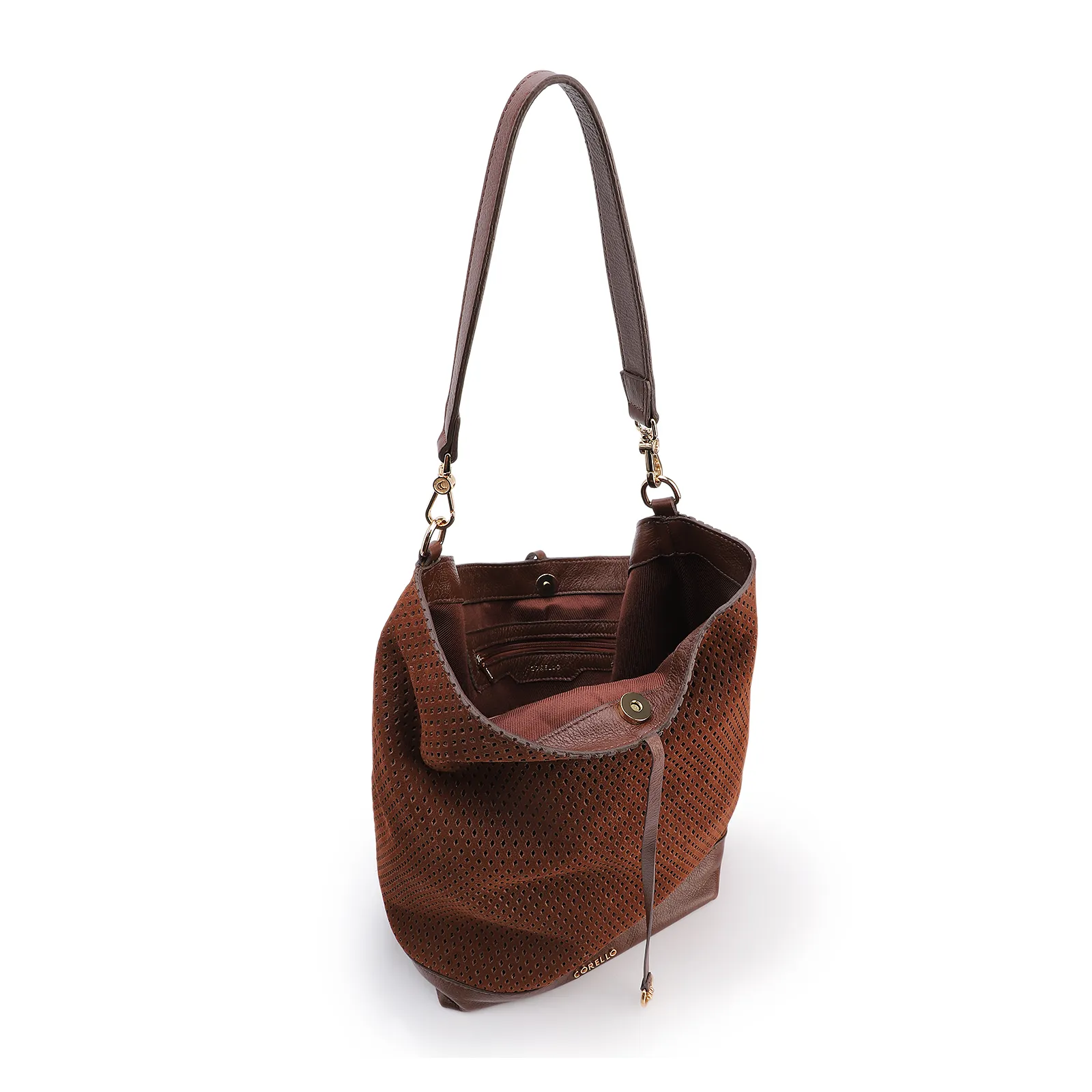 Bolsa Hobo Grande Couro Nobuck Floater /Couro Plume Marrom Perfuros