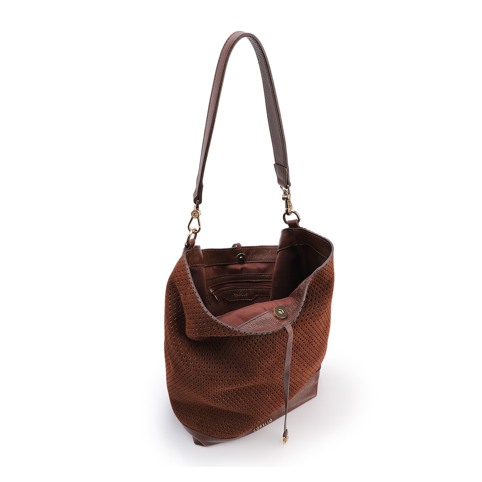 Bolsa Hobo Grande Couro Nobuck Floater /Couro Plume Marrom Perfuros
