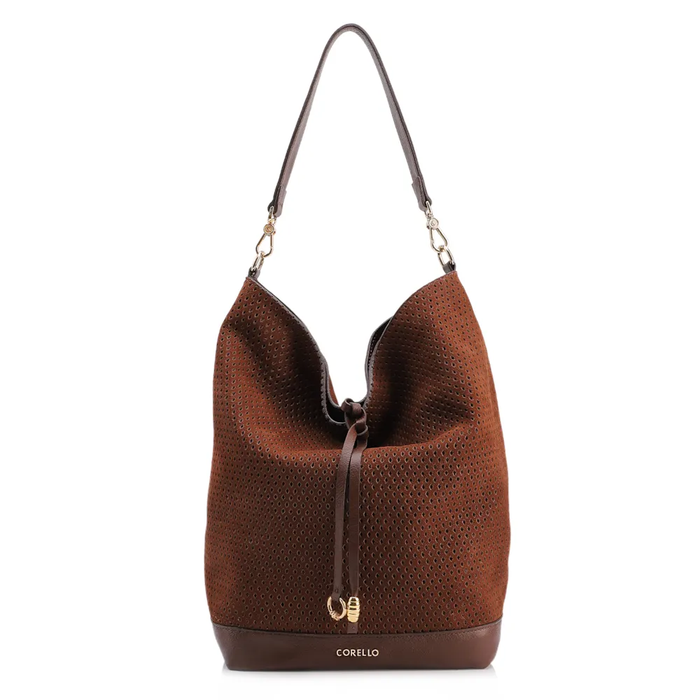 Bolsa Hobo Grande Couro Nobuck Floater /Couro Plume Marrom Perfuros