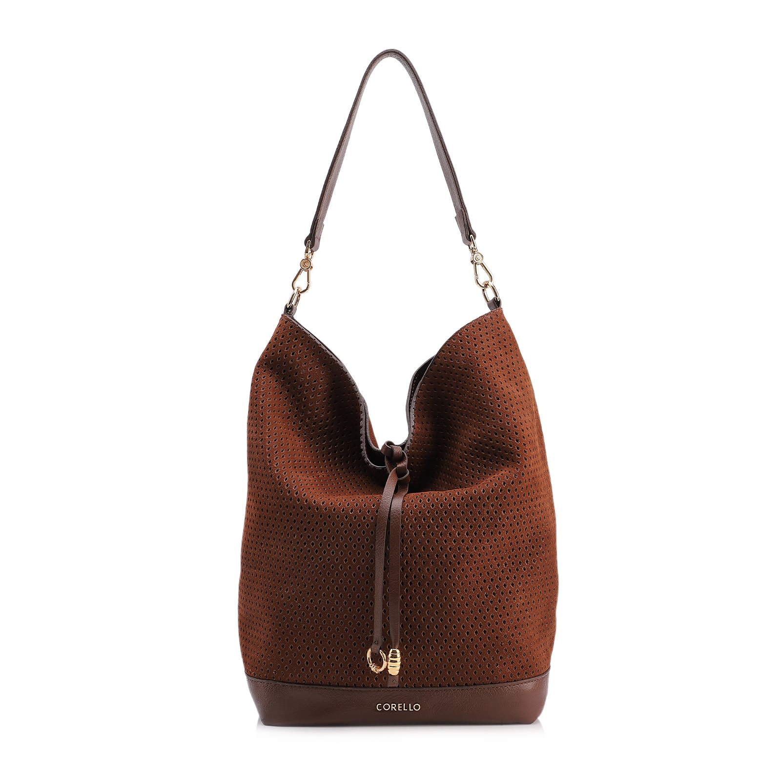Bolsa Hobo Grande Couro Nobuck Floater /Couro Plume Marrom Perfuros