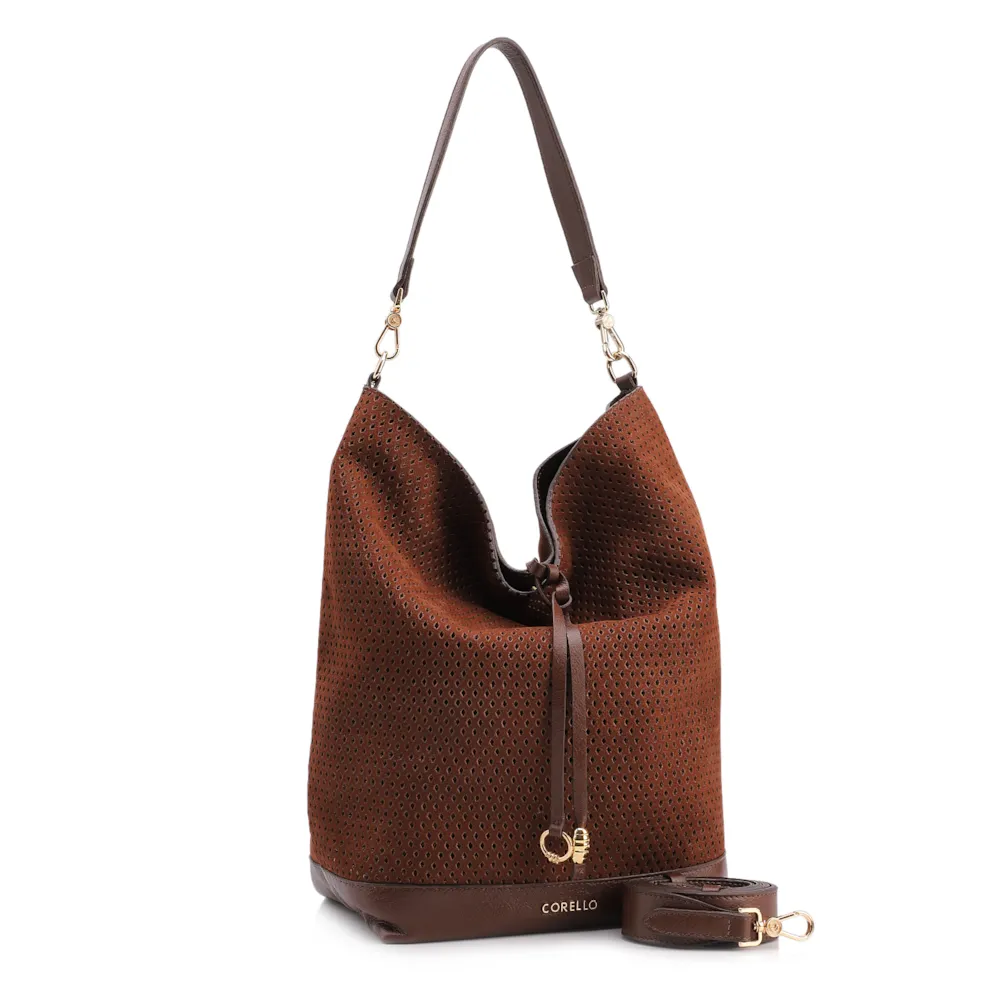 Bolsa Hobo Grande Couro Nobuck Floater /Couro Plume Marrom Perfuros - imagem 2