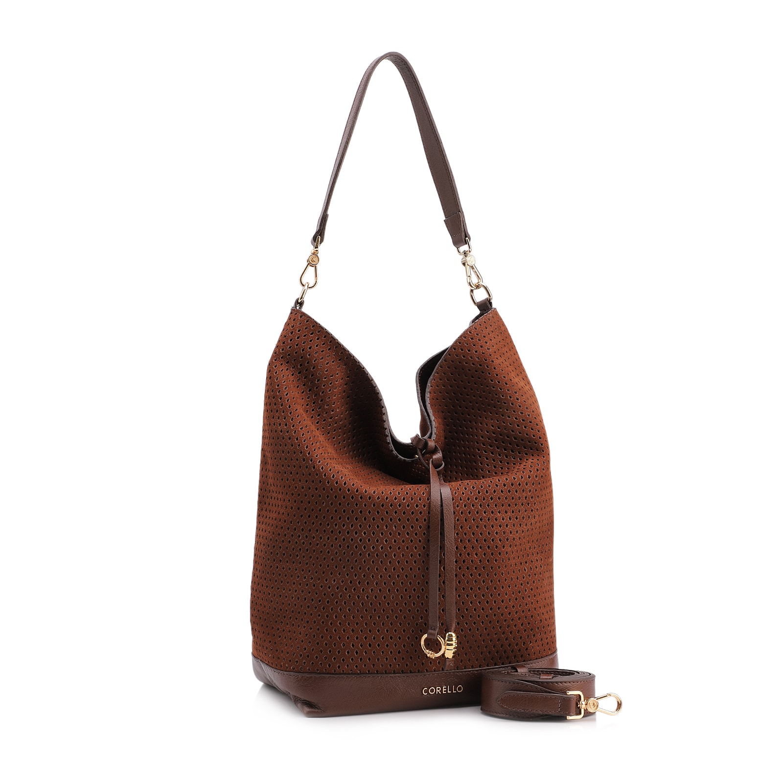 Bolsa Hobo Grande Couro Nobuck Floater /Couro Plume Marrom Perfuros