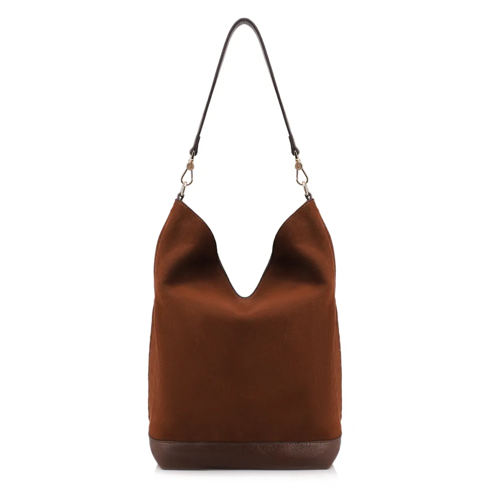 Bolsa Hobo Grande Couro Nobuck Floater /Couro Plume Marrom Perfuros - imagem 3