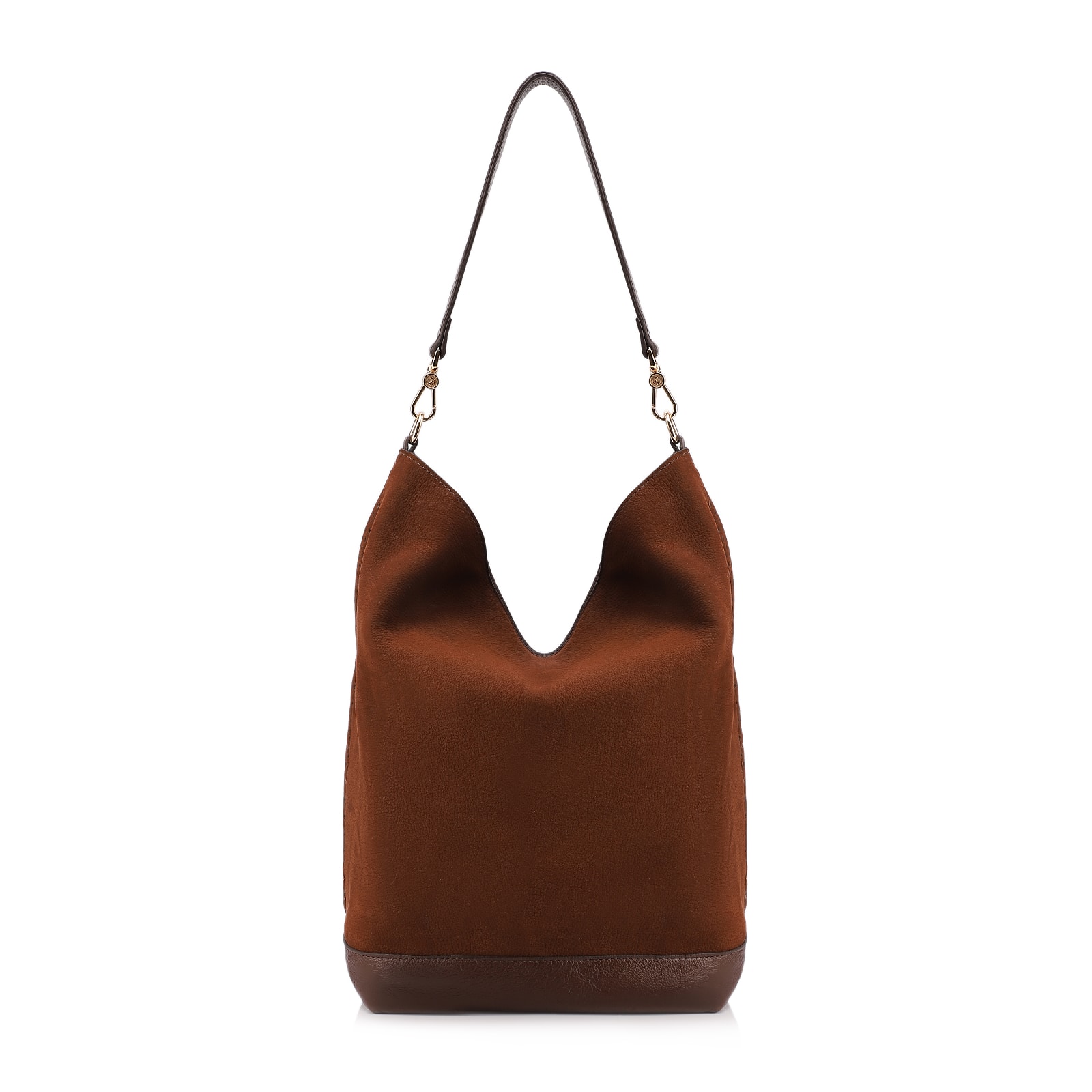 Bolsa Hobo Grande Couro Nobuck Floater /Couro Plume Marrom Perfuros