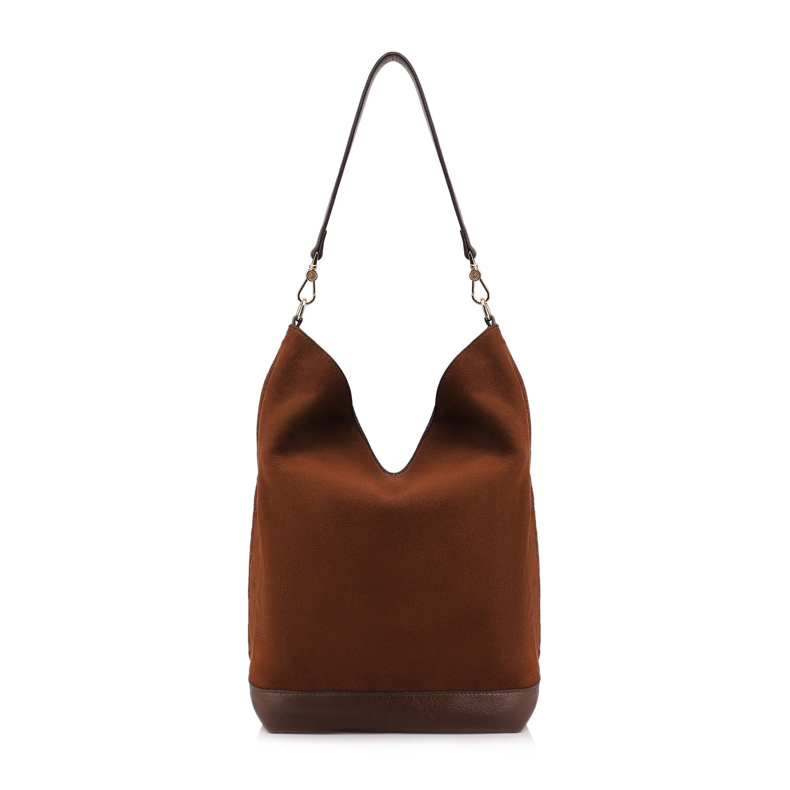 Bolsa Hobo Grande Couro Nobuck Floater /Couro Plume Marrom Perfuros