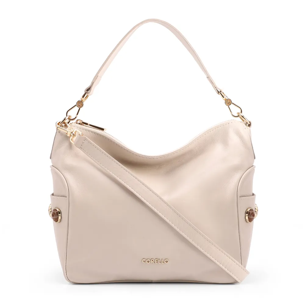 Bolsa Hobo Grande Couro Off White Pedras Laterais