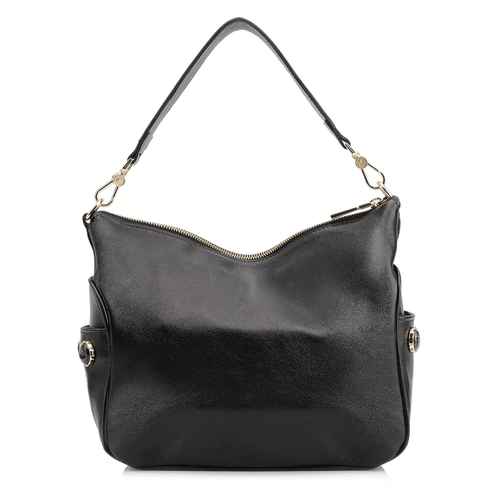 Bolsa Hobo Grande Couro Preta Pedras Laterais - imagem 3
