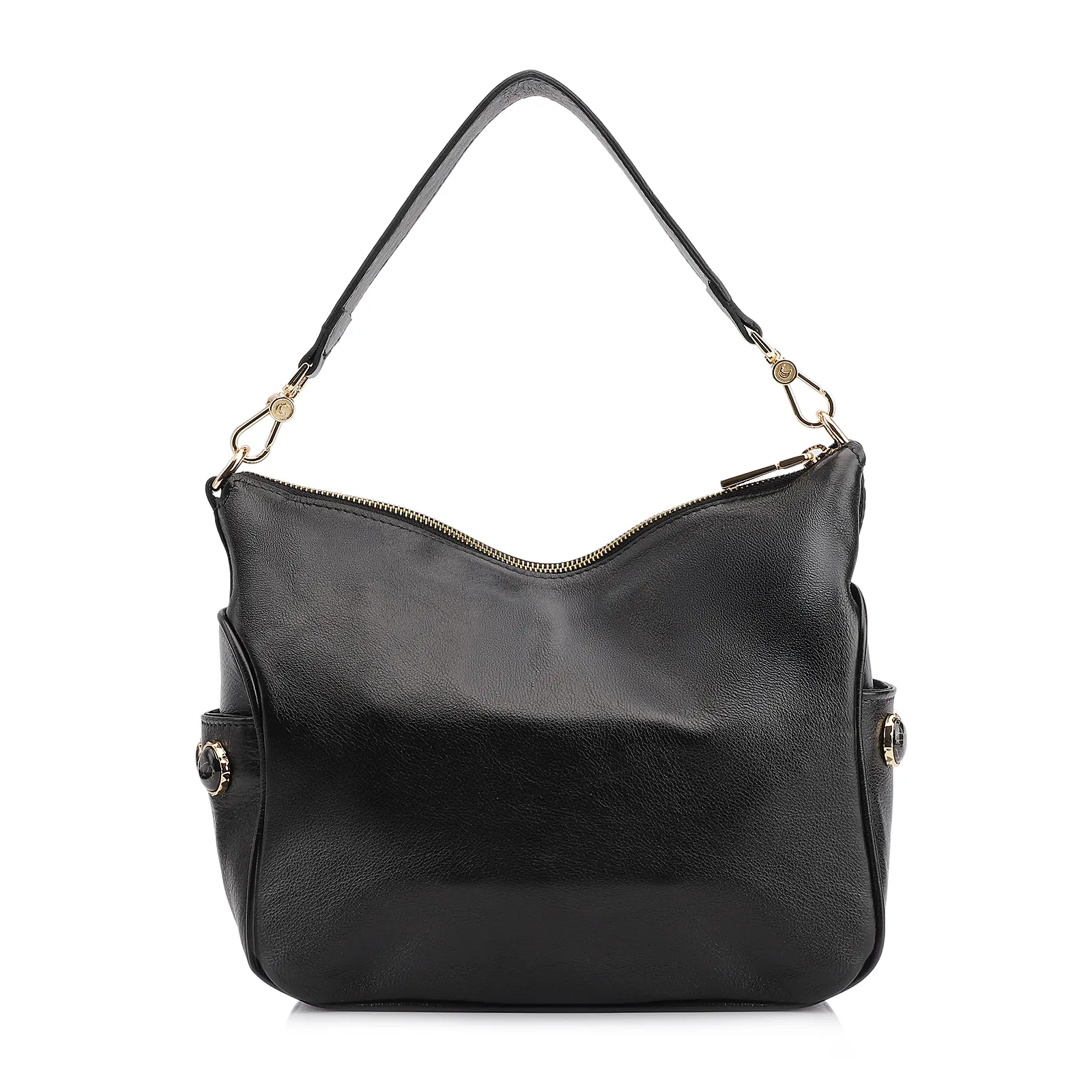 Bolsa Hobo Grande Couro Preta Pedras Laterais