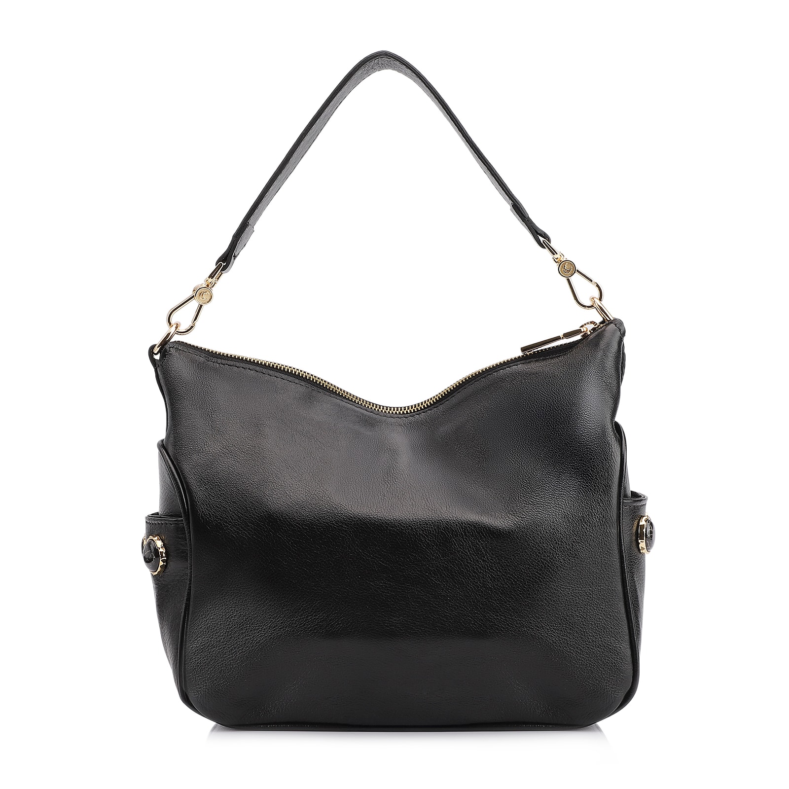 Bolsa Hobo Grande Couro Preta Pedras Laterais
