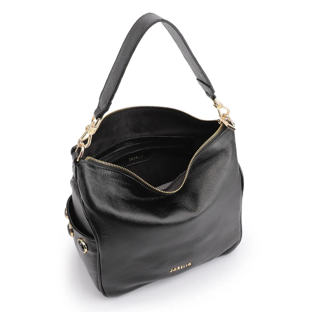 Bolsa Hobo Grande Couro Preta Pedras Laterais - imagem 4