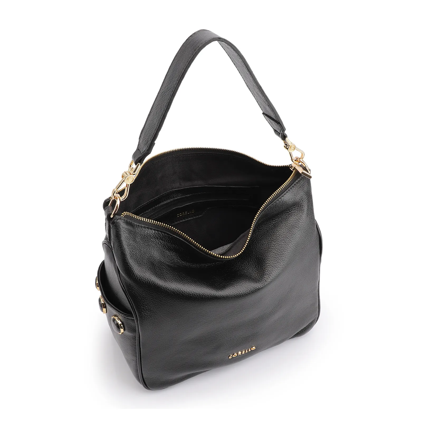 Bolsa Hobo Grande Couro Preta Pedras Laterais