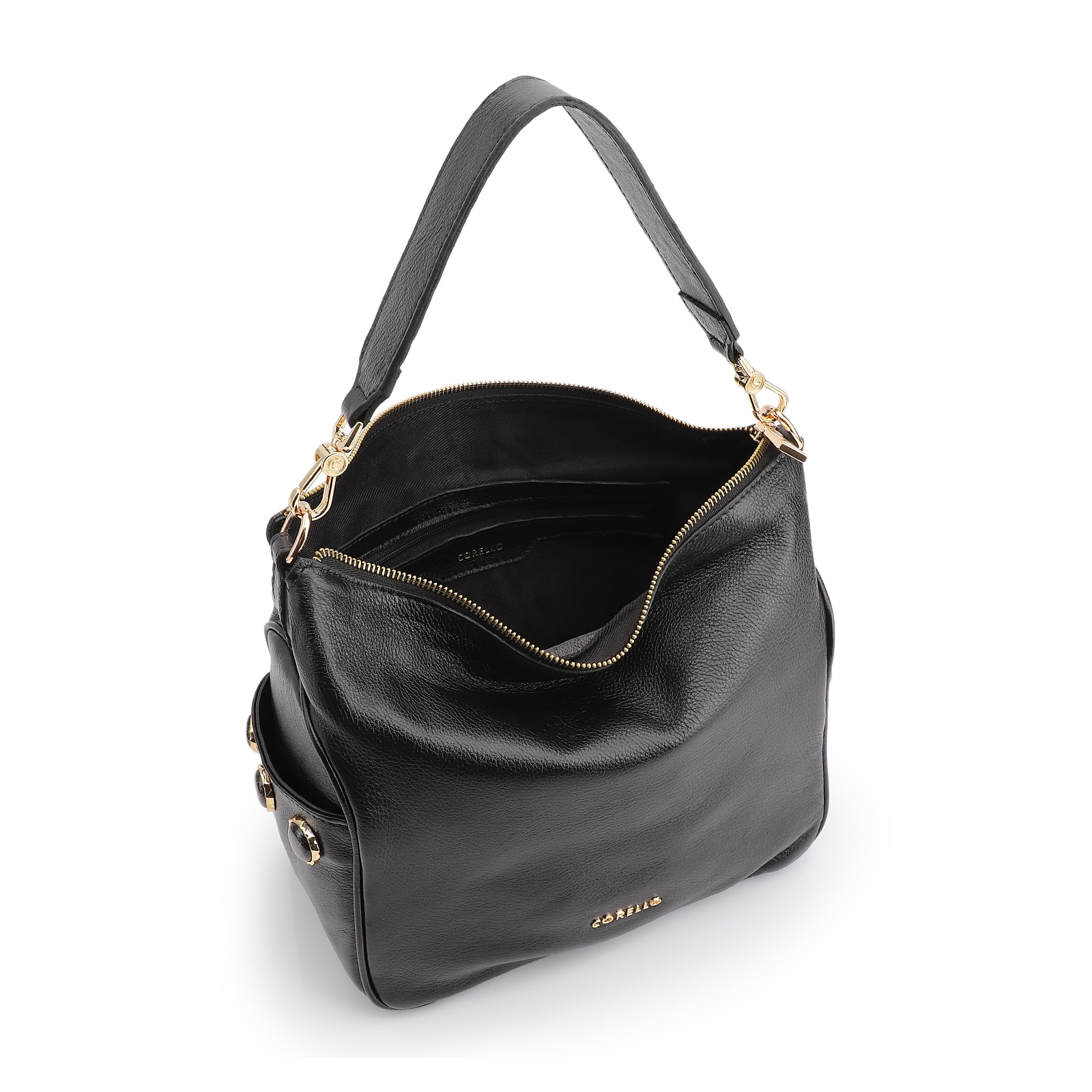 Bolsa Hobo Grande Couro Preta Pedras Laterais