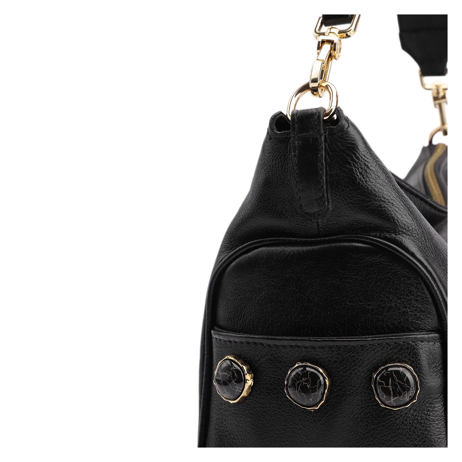 Bolsa Hobo Grande Couro Preta Pedras Laterais