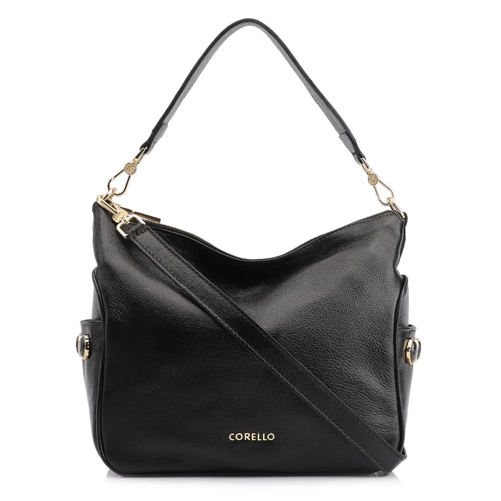 Bolsa Hobo Grande Couro Preta Pedras Laterais