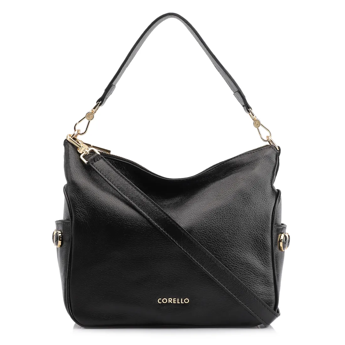 Bolsa Hobo Grande Couro Preta Pedras Laterais