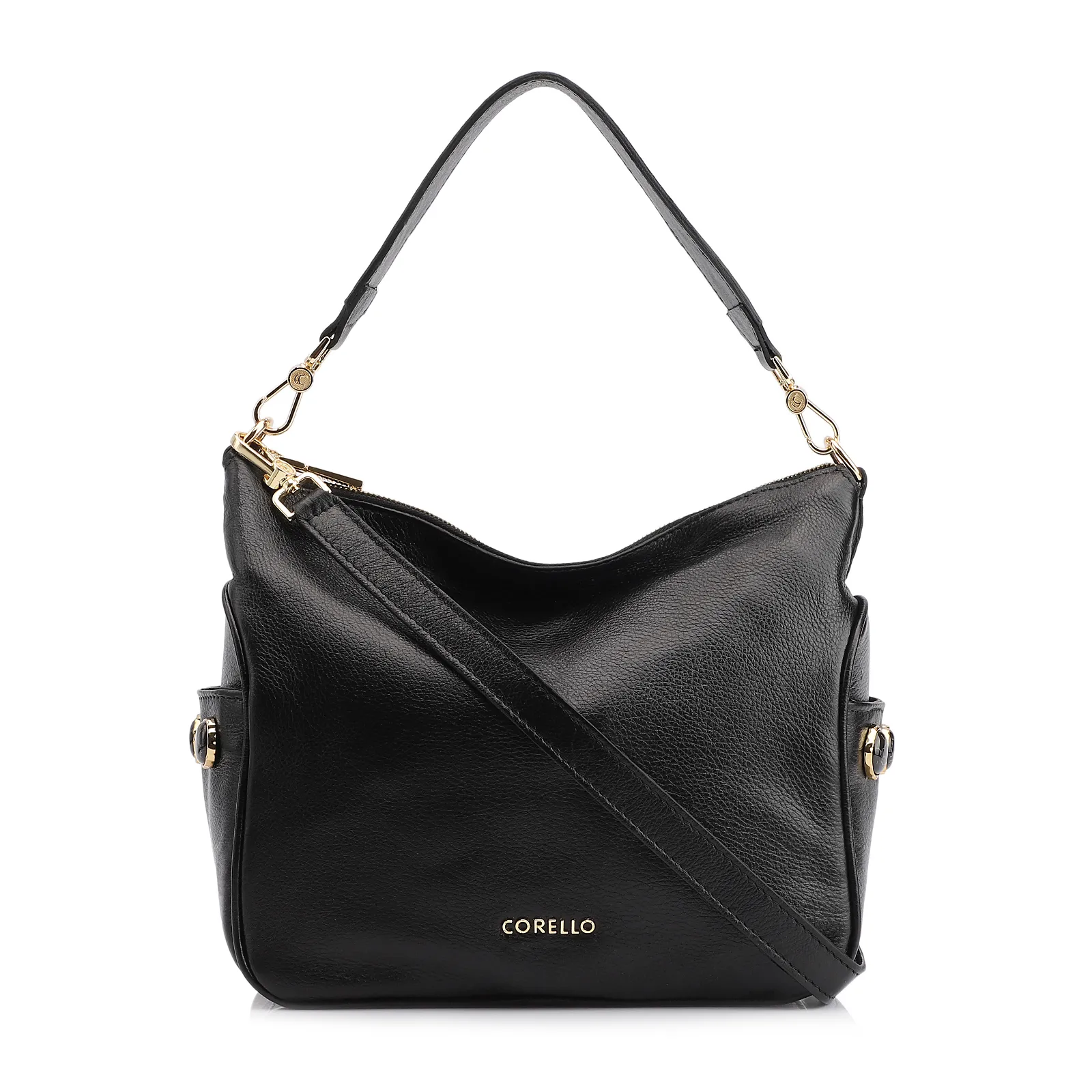 Bolsa Hobo Grande Couro Preta Pedras Laterais