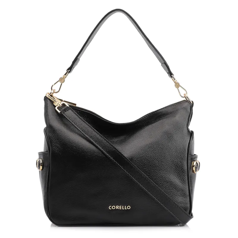 Bolsa Hobo Grande Couro Preta Pedras Laterais