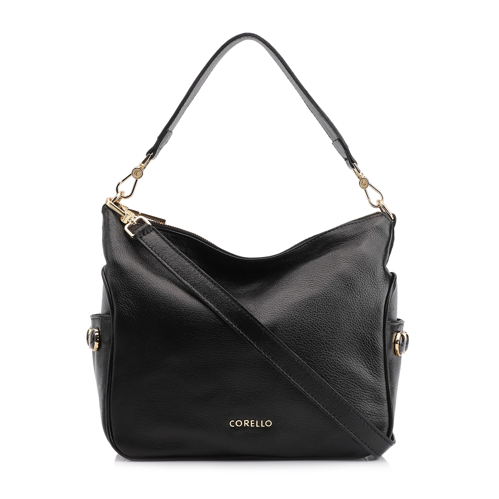 Bolsa Hobo Grande Couro Preta Pedras Laterais