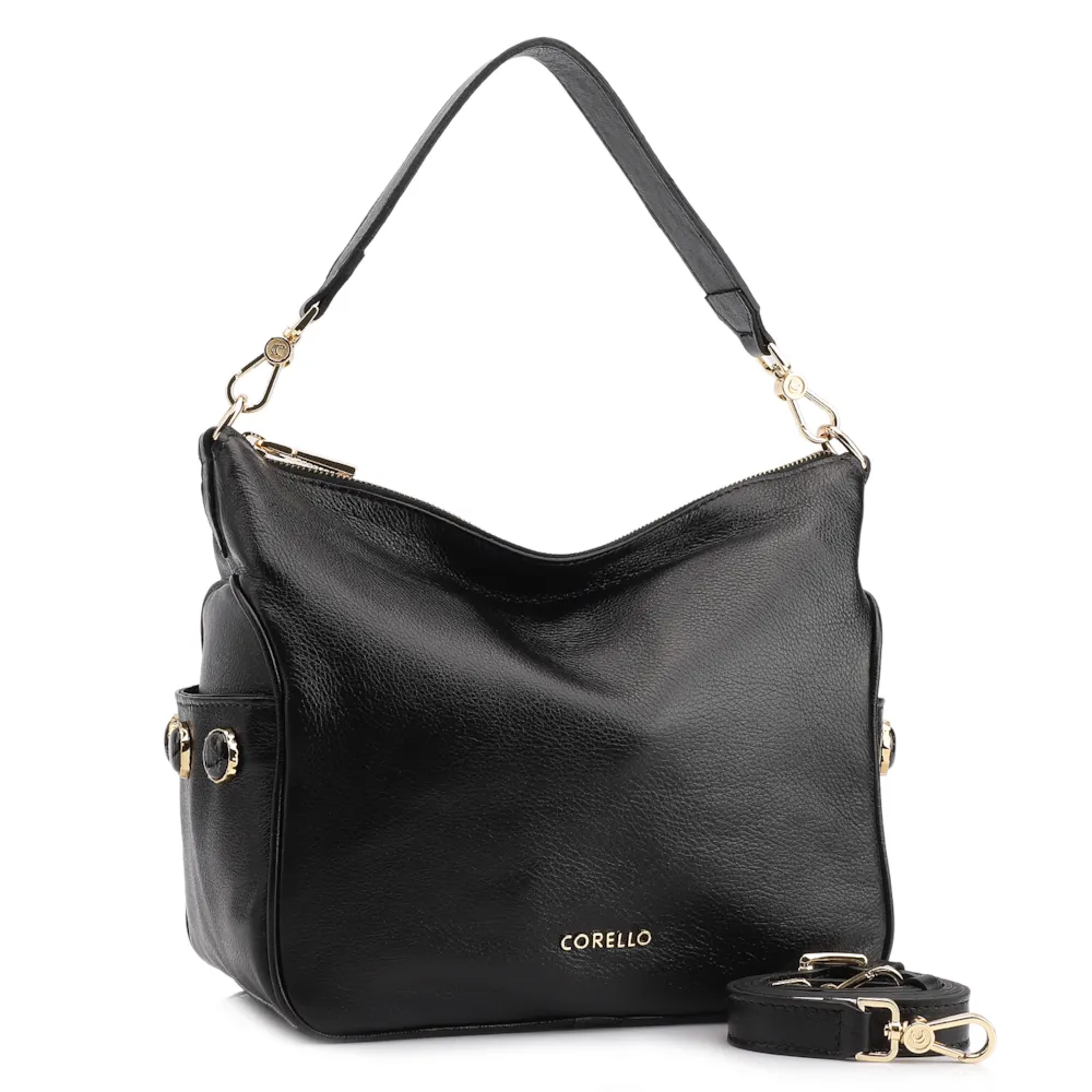 Bolsa Hobo Grande Couro Preta Pedras Laterais - imagem 2