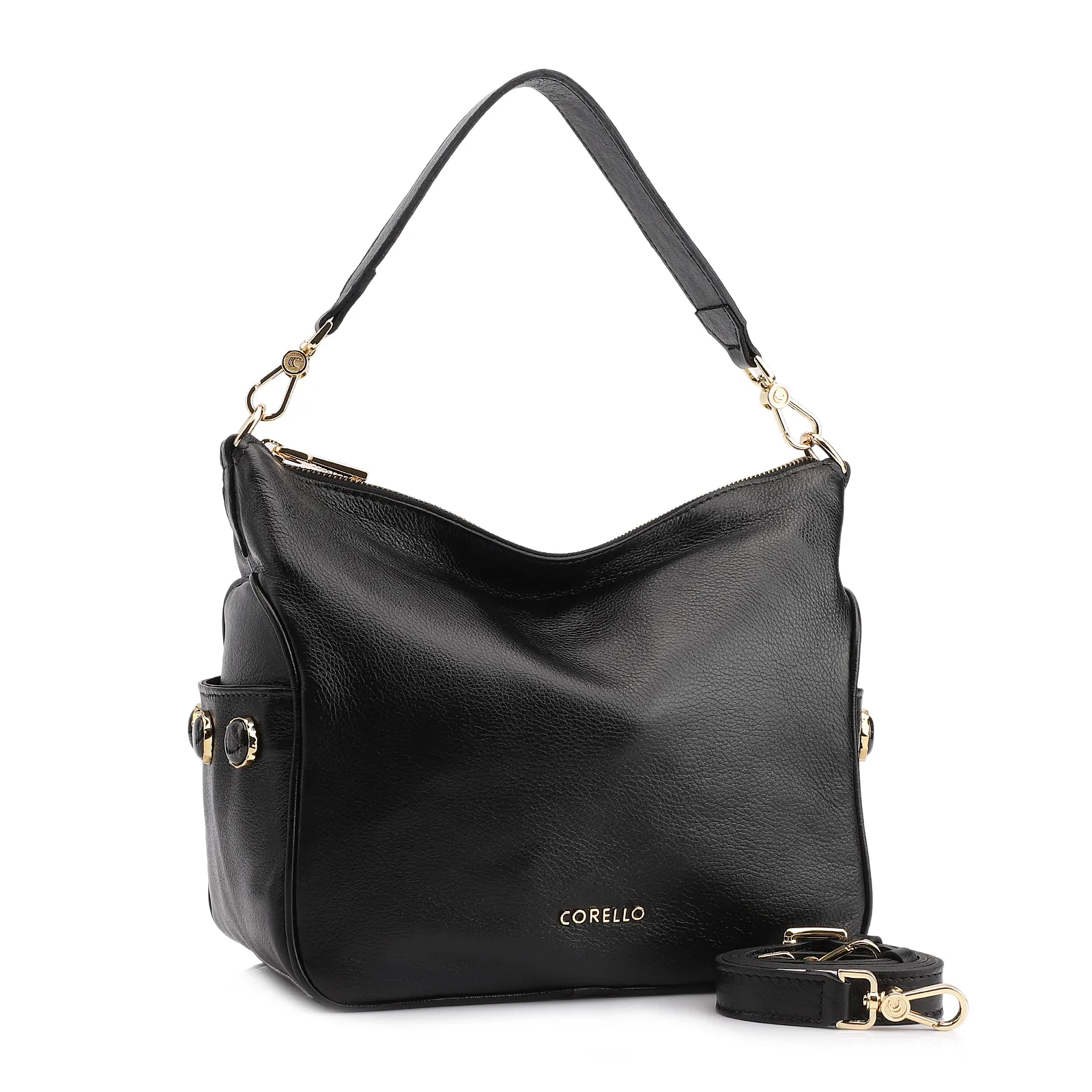 Bolsa Hobo Grande Couro Preta Pedras Laterais