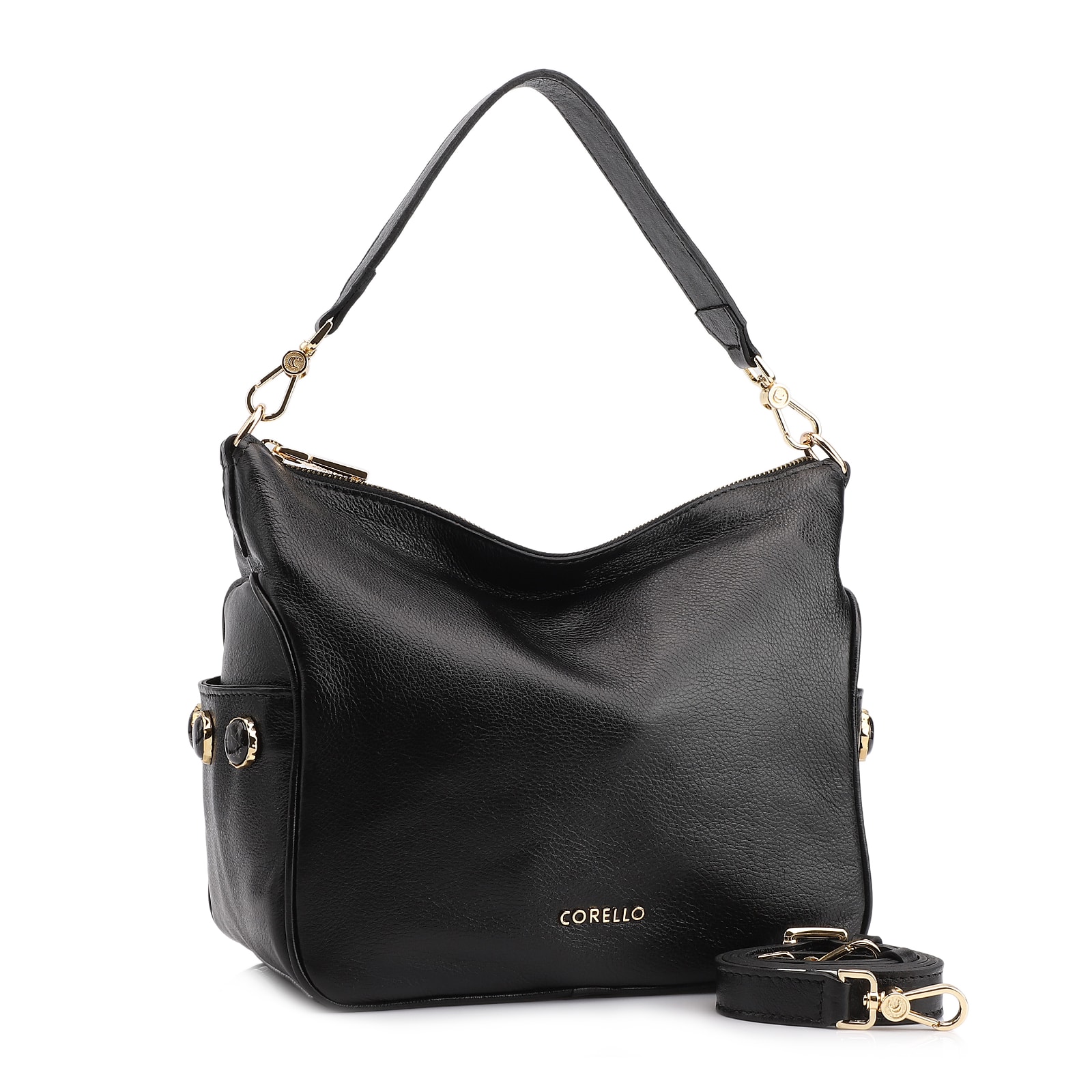 Bolsa Hobo Grande Couro Preta Pedras Laterais