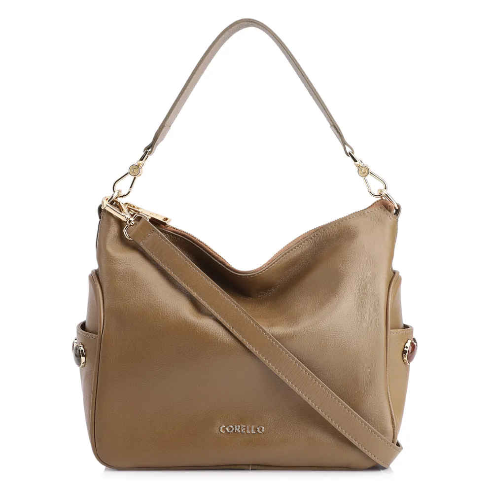 Bolsa Hobo Grande Couro Verde Claro Pedras Laterais