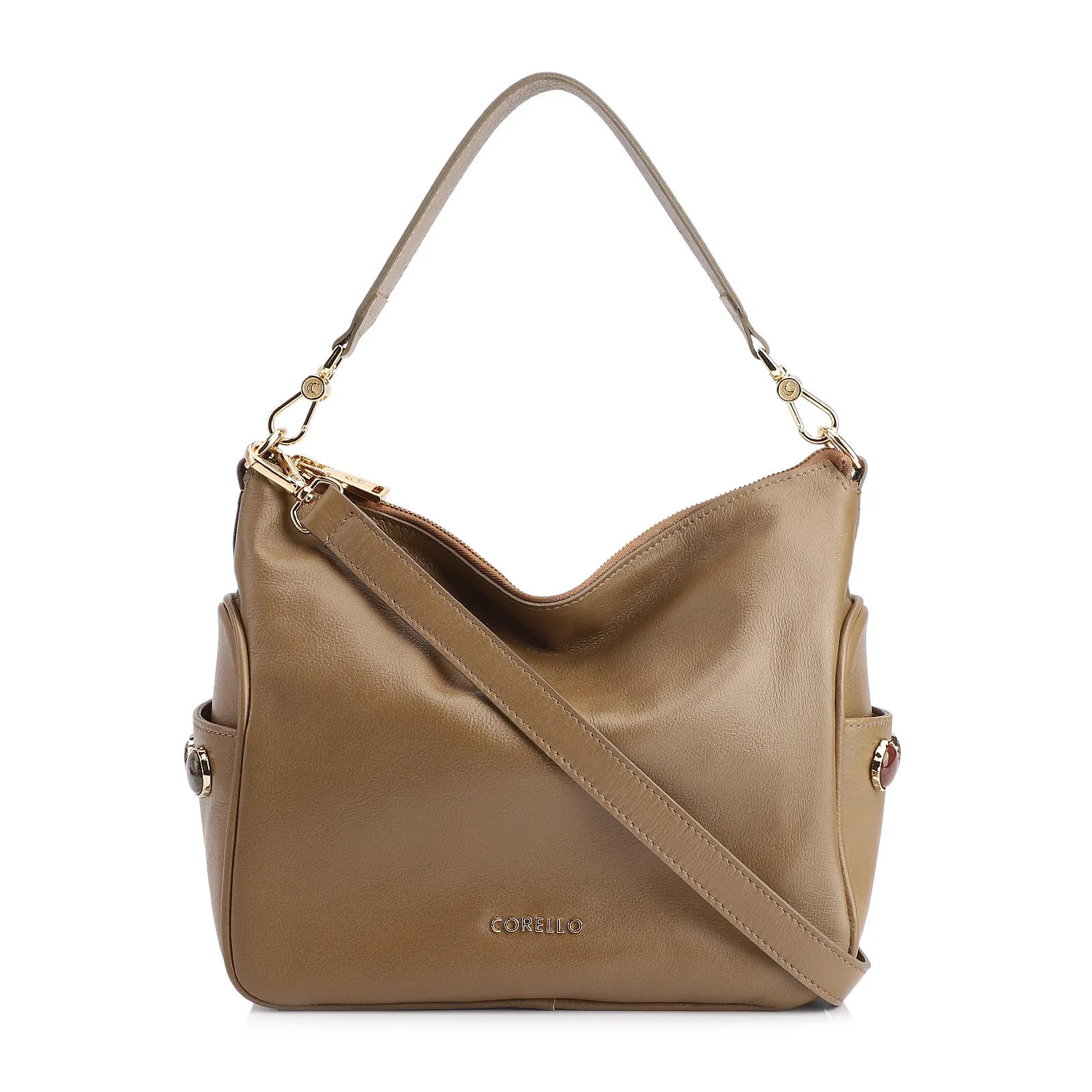 Bolsa Hobo Grande Couro Verde Claro Pedras Laterais