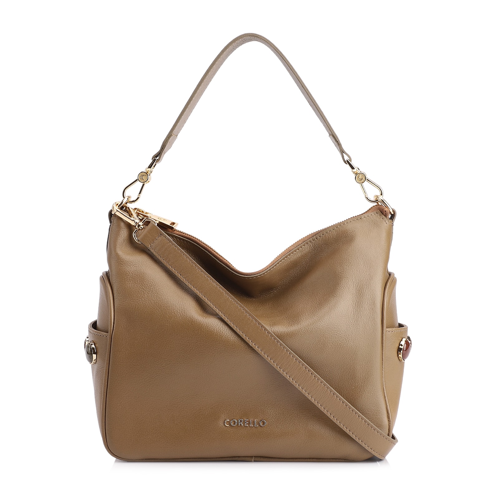 Bolsa Hobo Grande Couro Verde Claro Pedras Laterais