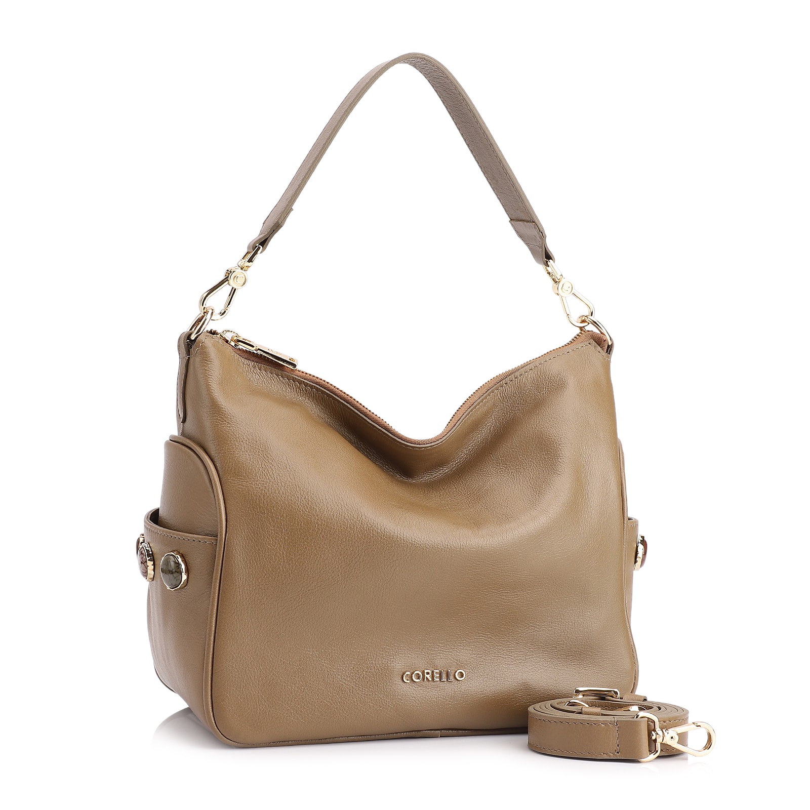 Bolsa Hobo Grande Couro Verde Claro Pedras Laterais