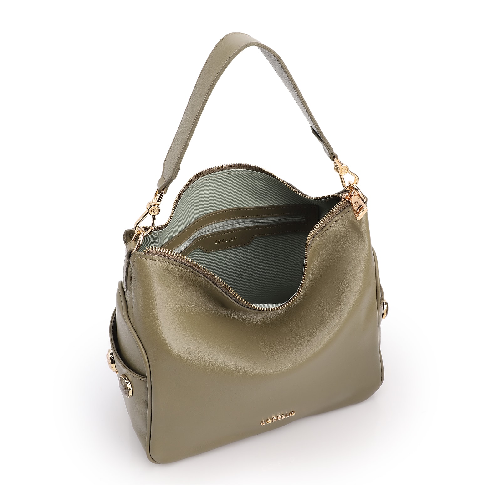Bolsa Hobo Grande Couro Verde Pedras Laterais