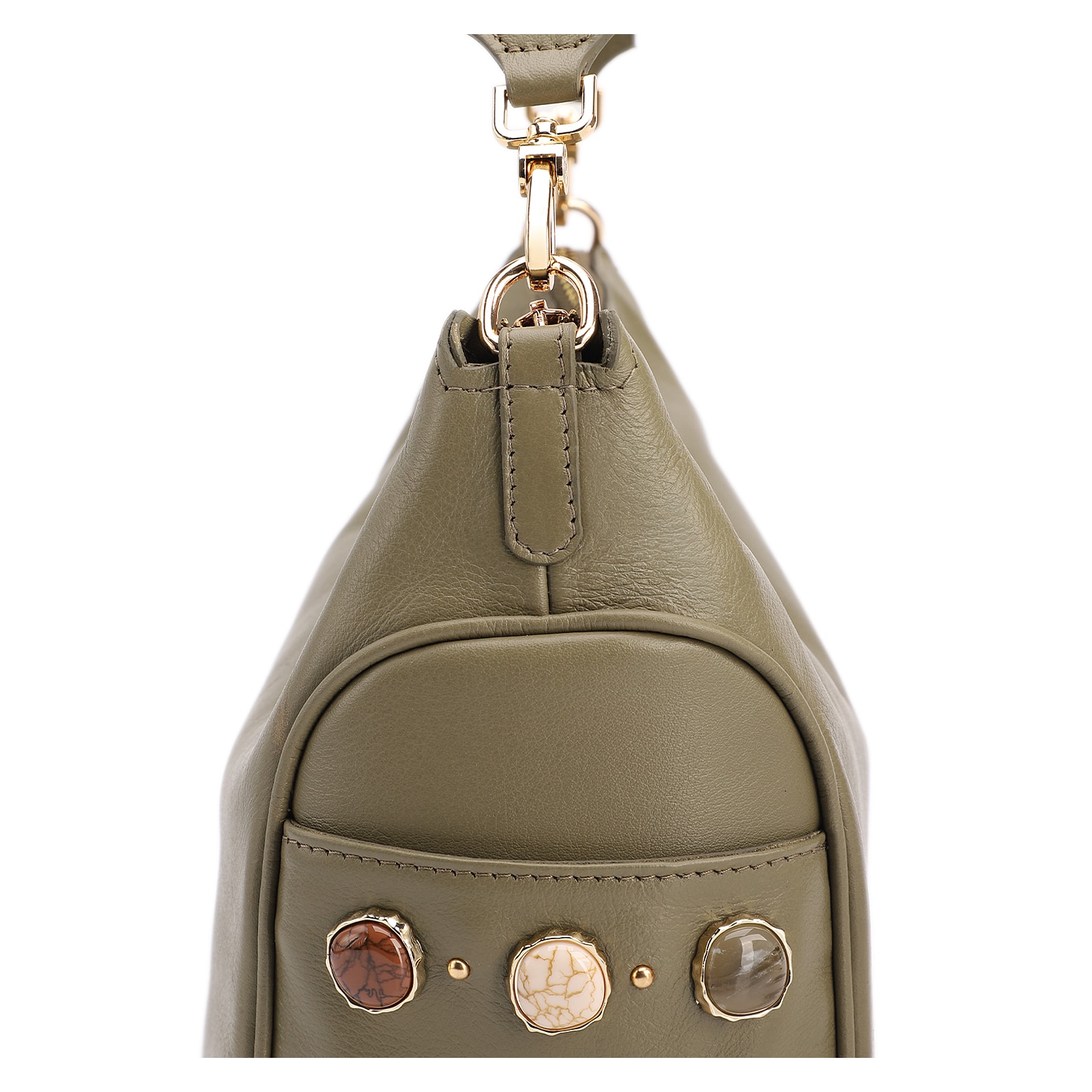 Bolsa Hobo Grande Couro Verde Pedras Laterais