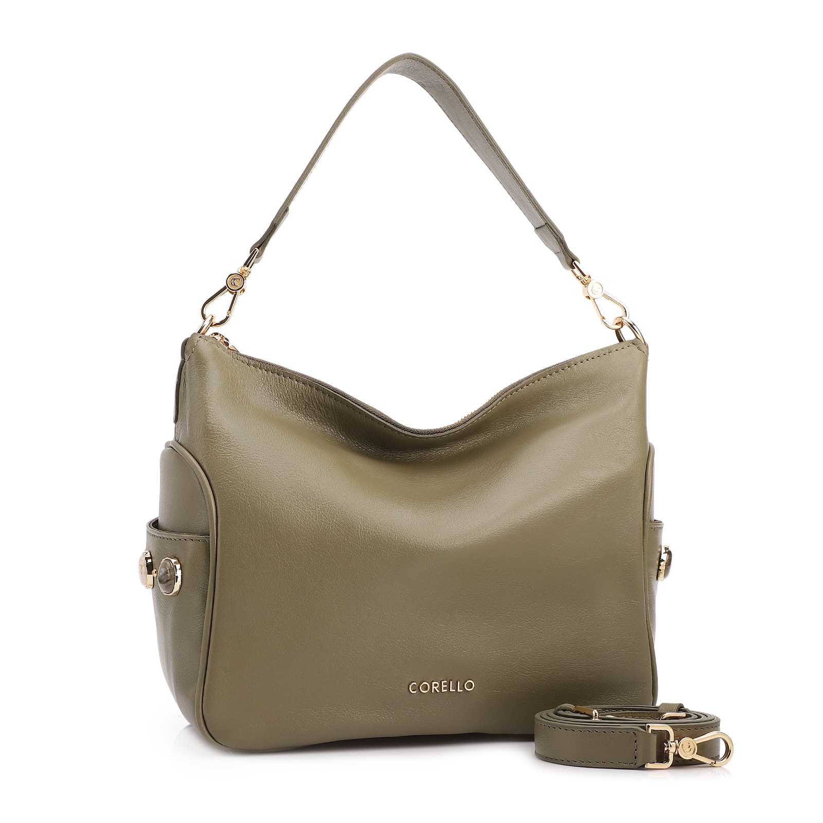 Bolsa Hobo Grande Couro Verde Pedras Laterais