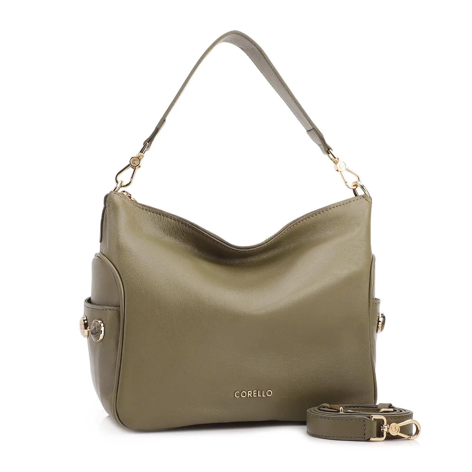 Bolsa Hobo Grande Couro Verde Pedras Laterais