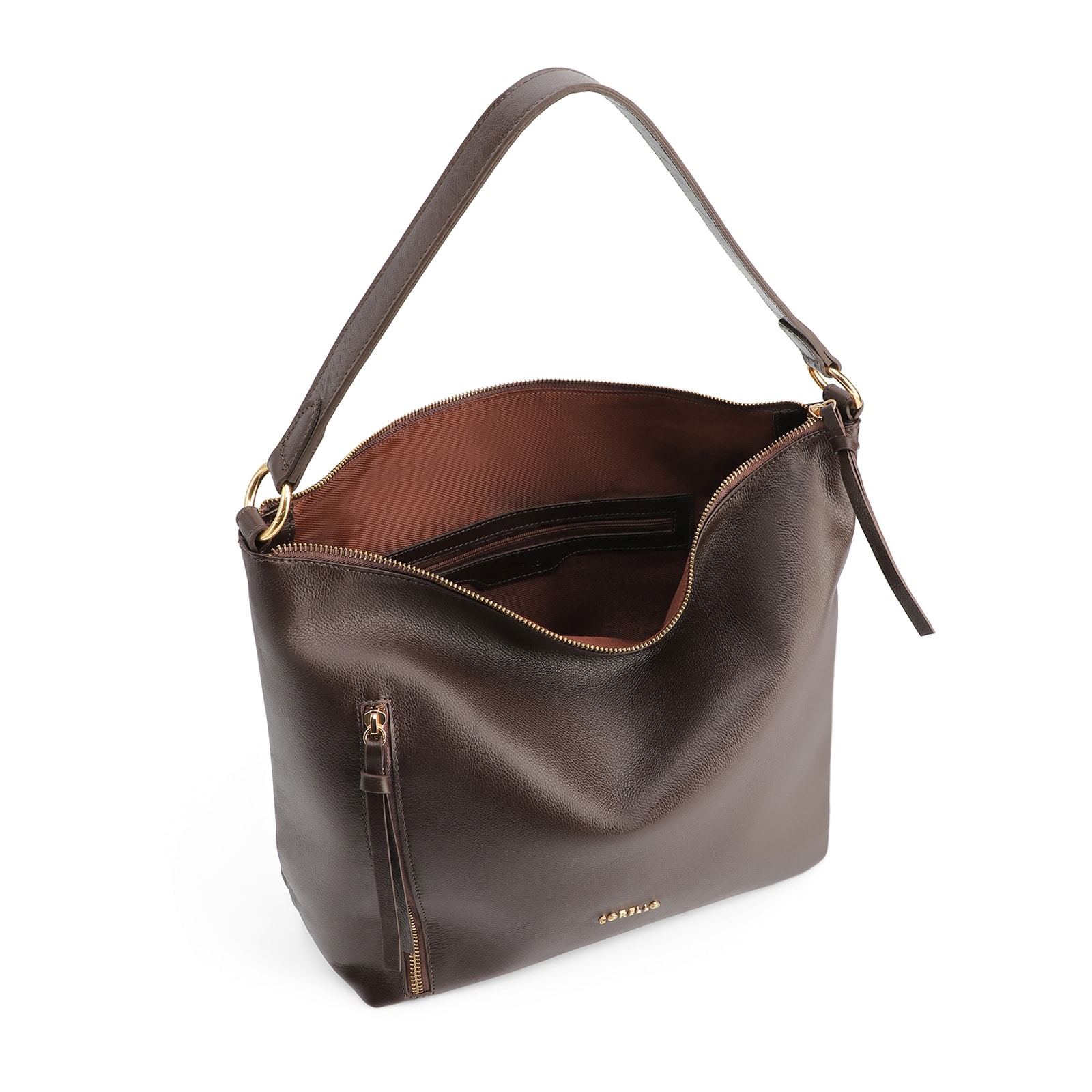Bolsa Hobo Grande Marrom Couro Zíper Lateral