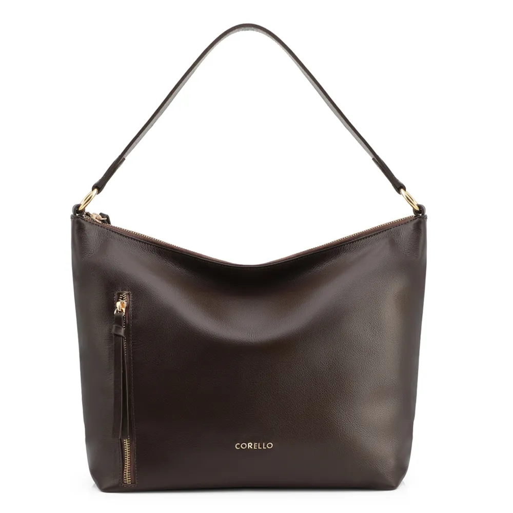 Bolsa Hobo Grande Marrom Couro Zíper Lateral