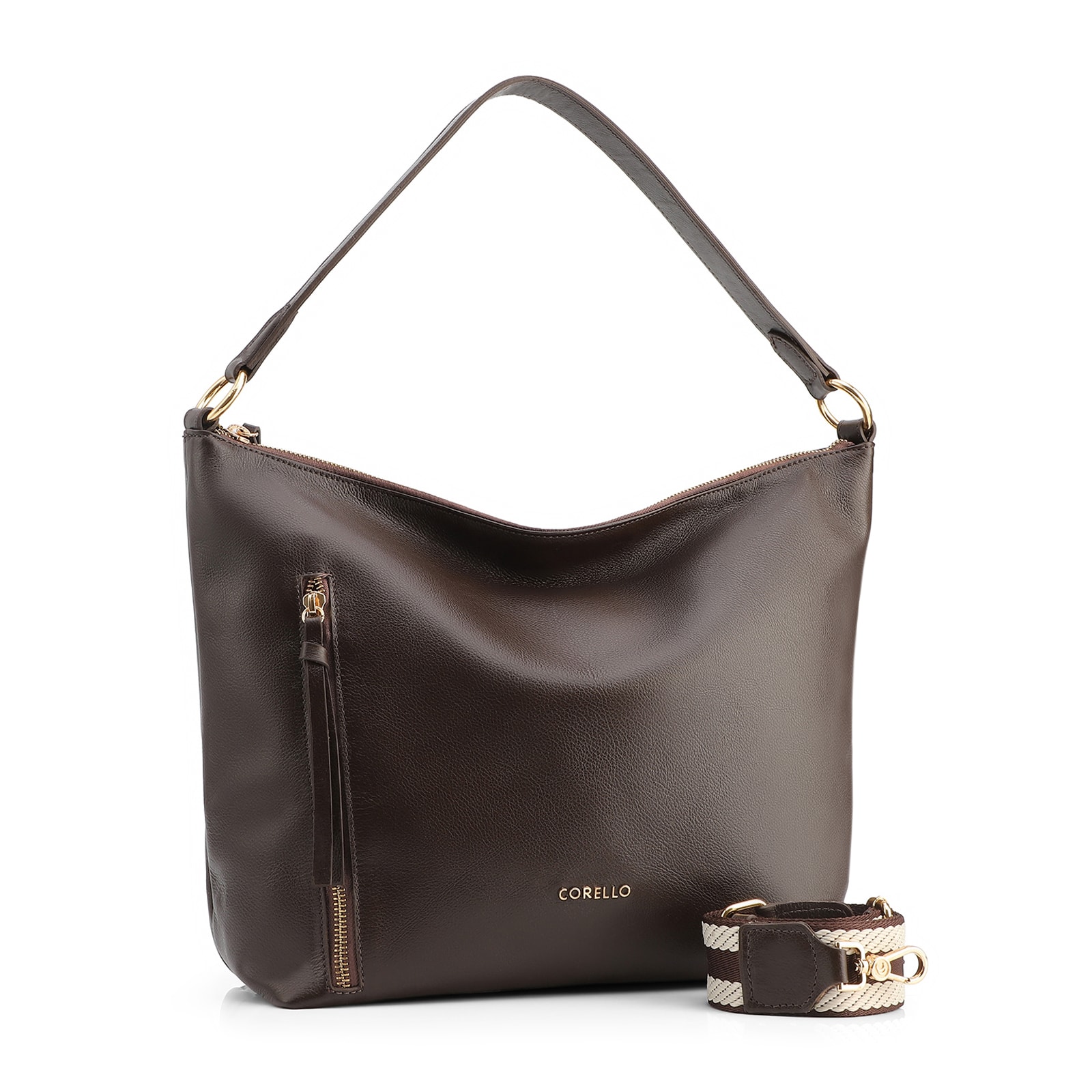 Bolsa Hobo Grande Marrom Couro Zíper Lateral