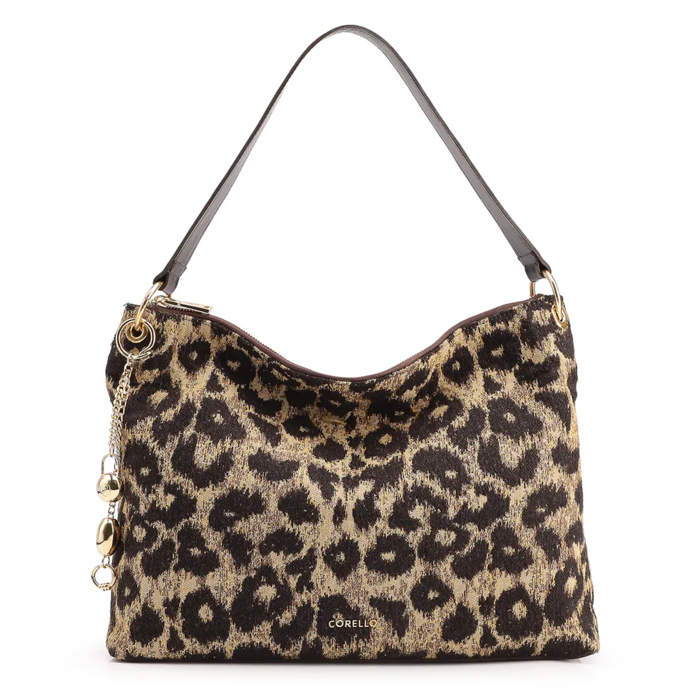 Bolsa Hobo Jacquard Onça/ Couro Marrom Escuro