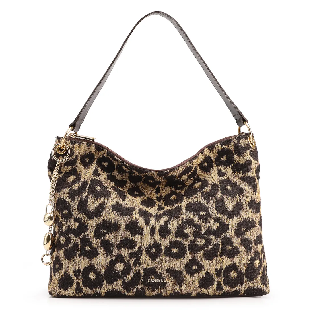 Bolsa Hobo Jacquard Onça/ Couro Marrom Escuro