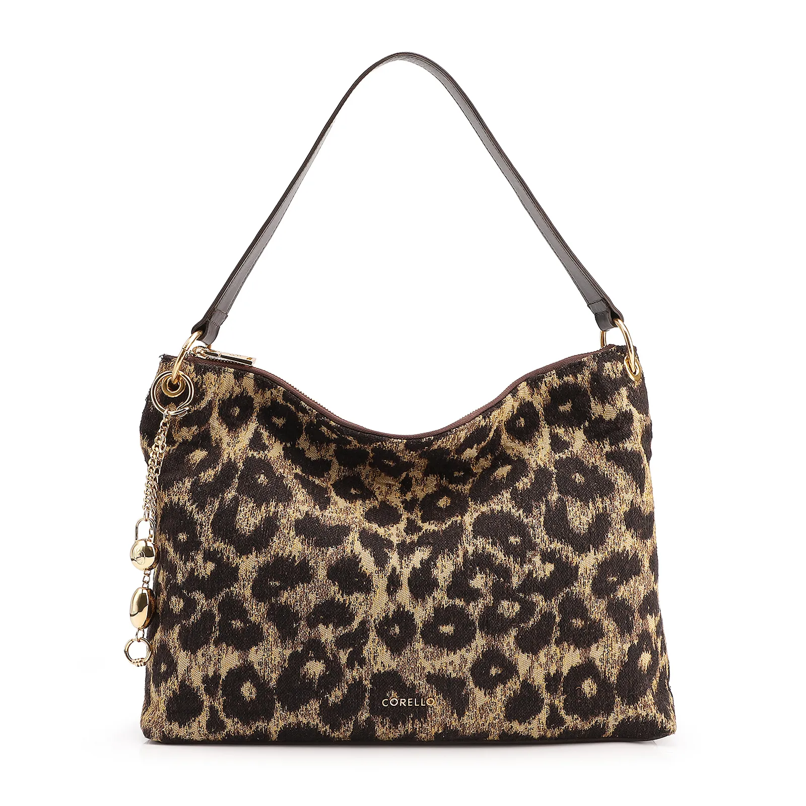 Bolsa Hobo Jacquard Onça/ Couro Marrom Escuro