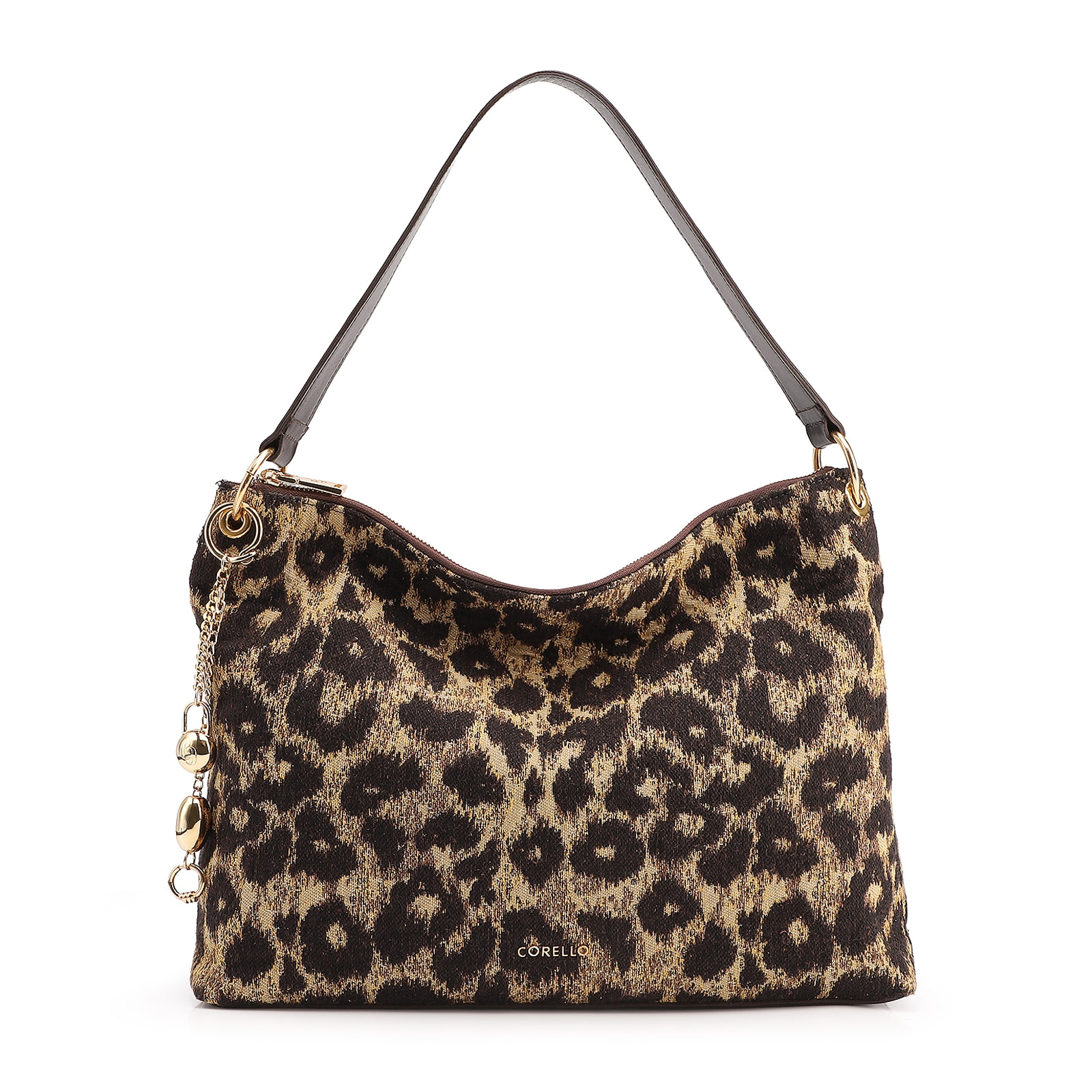 Bolsa Hobo Jacquard Onça/ Couro Marrom Escuro