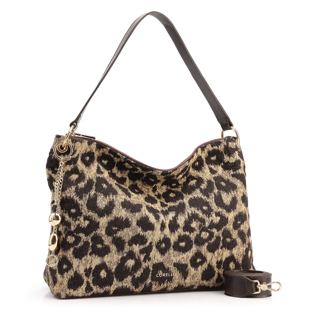 Bolsa Hobo Jacquard Onça/ Couro Marrom Escuro - imagem 3