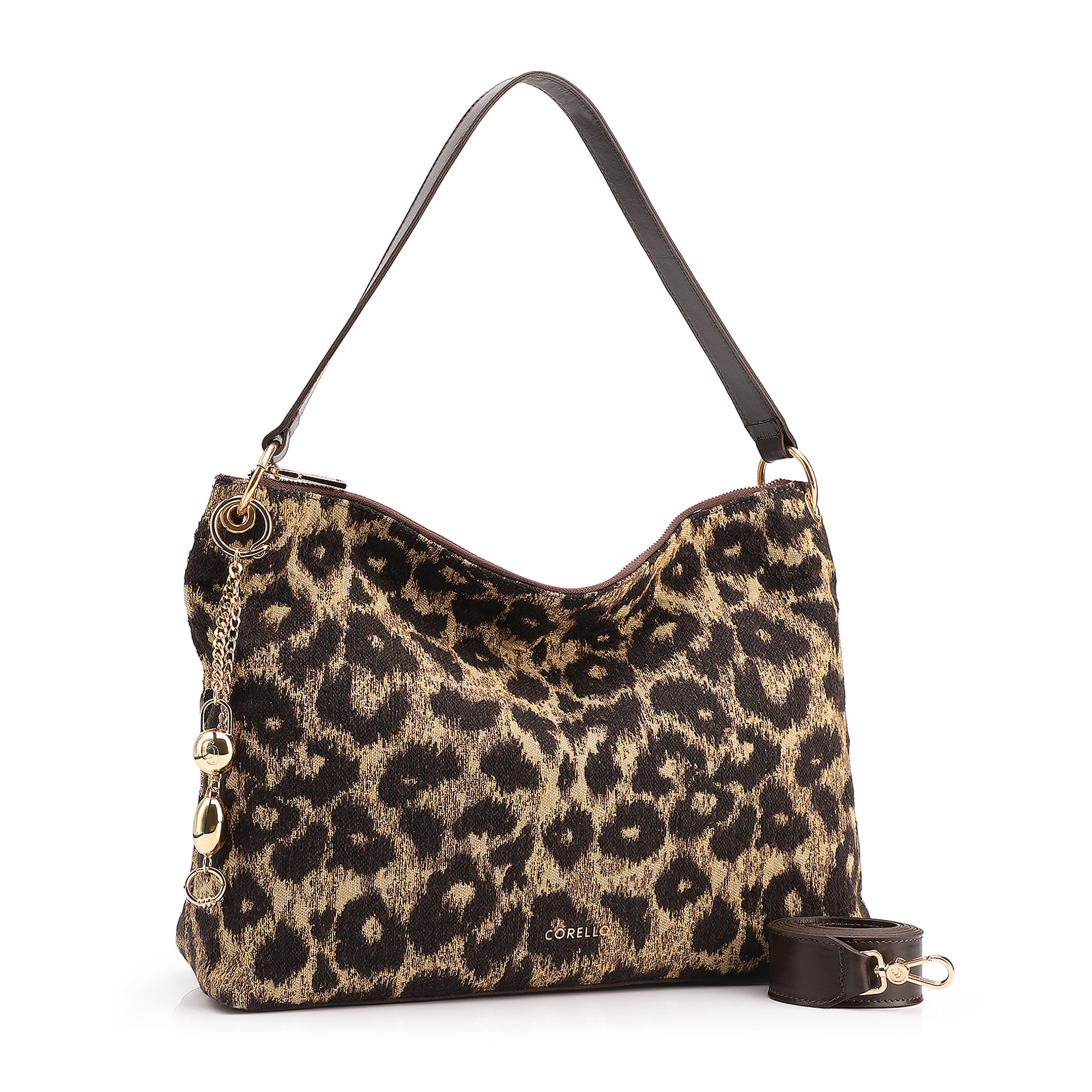 Bolsa Hobo Jacquard Onça/ Couro Marrom Escuro