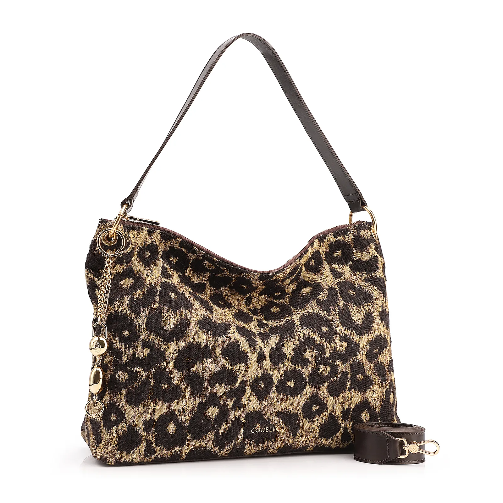 Bolsa Hobo Jacquard Onça/ Couro Marrom Escuro