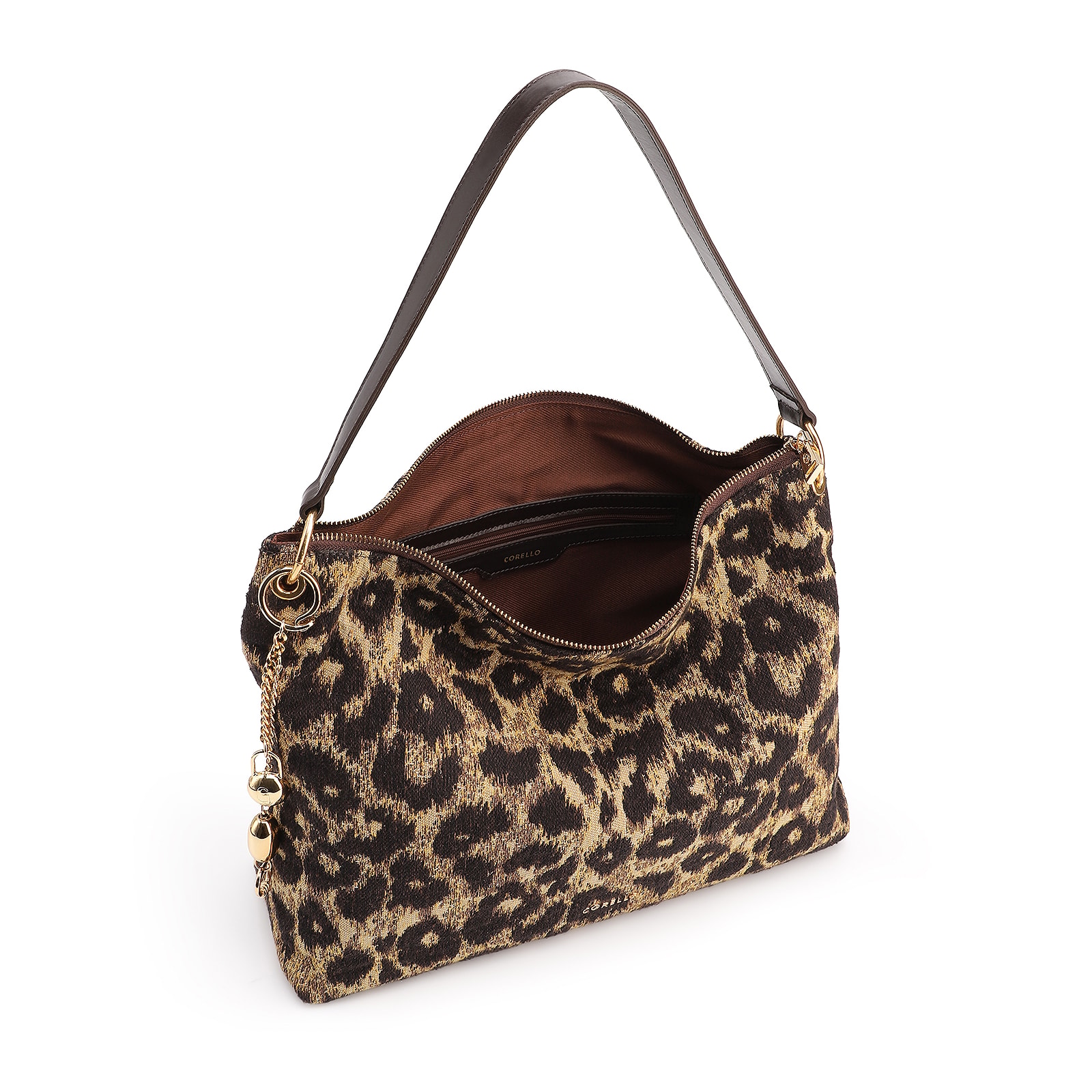 Bolsa Hobo Jacquard Onça/ Couro Marrom Escuro