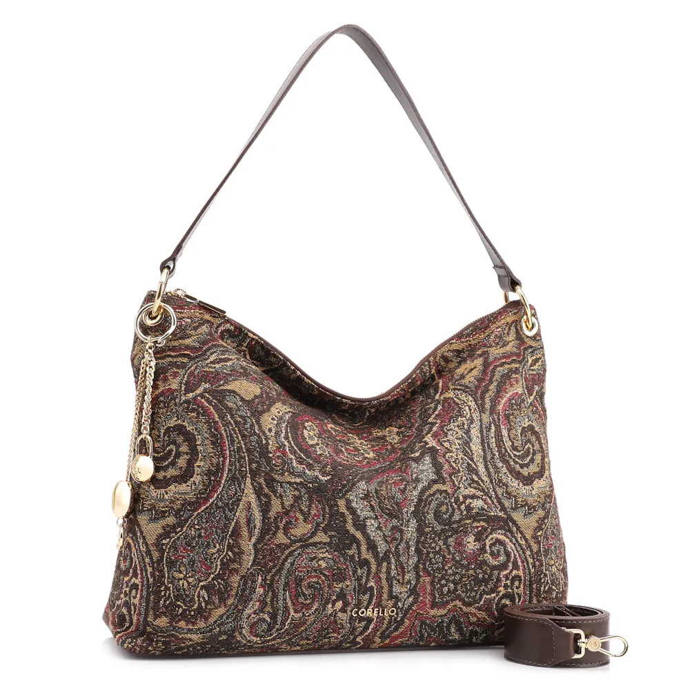 Bolsa Hobo Jacquard Paisley /Couro Marrom Escuro - imagem 3