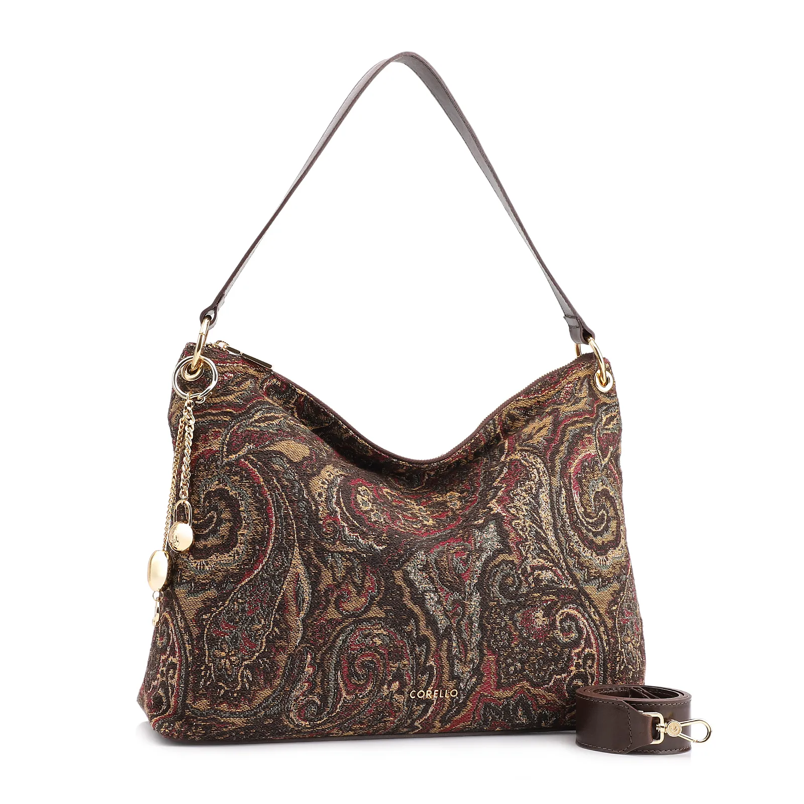 Bolsa Hobo Jacquard Paisley /Couro Marrom Escuro