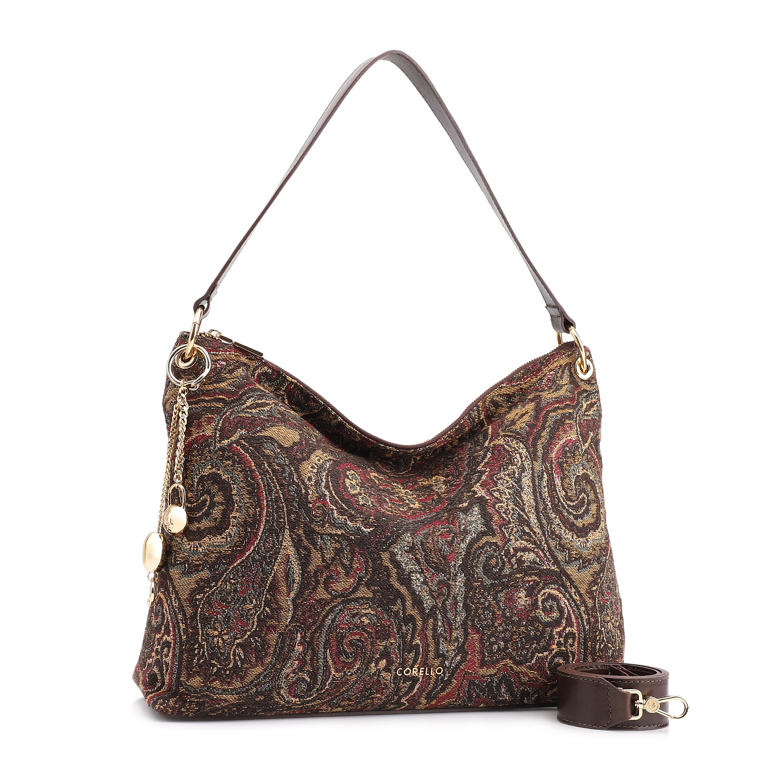 Bolsa Hobo Jacquard Paisley /Couro Marrom Escuro