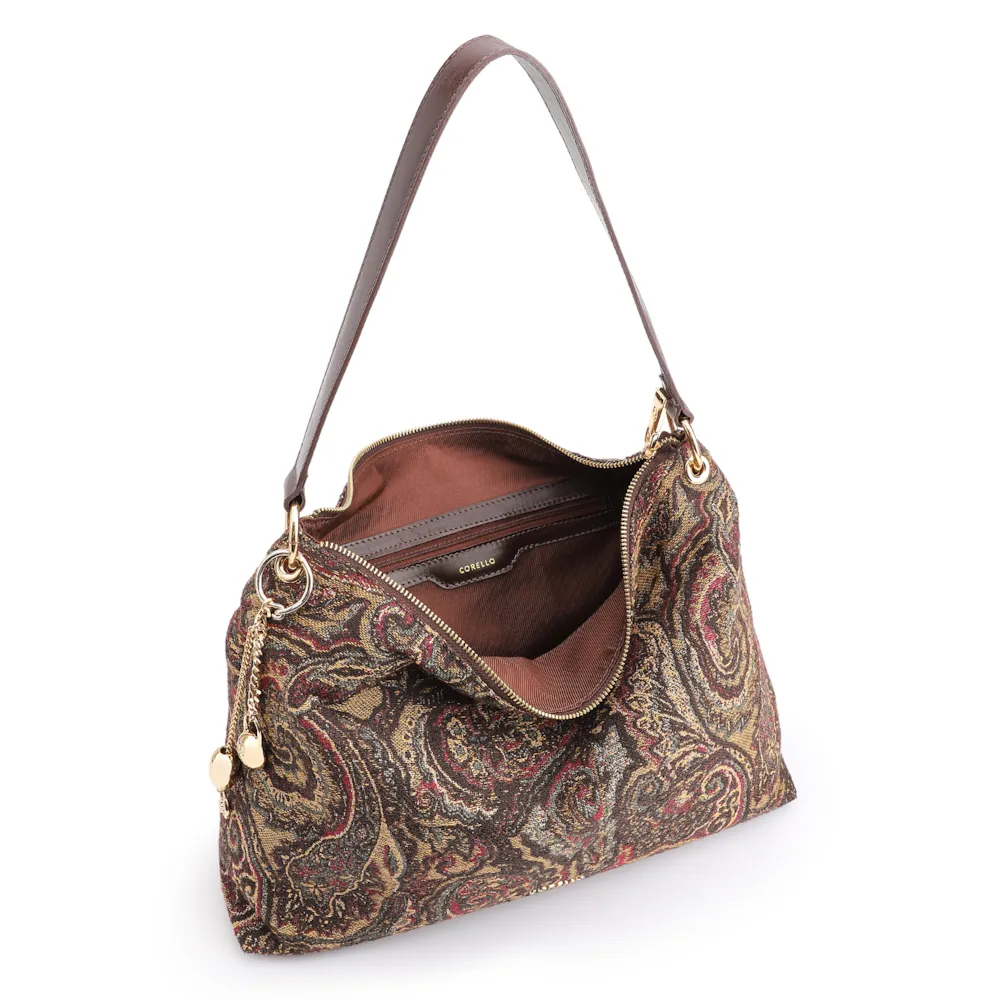 Bolsa Hobo Jacquard Paisley /Couro Marrom Escuro - imagem 5