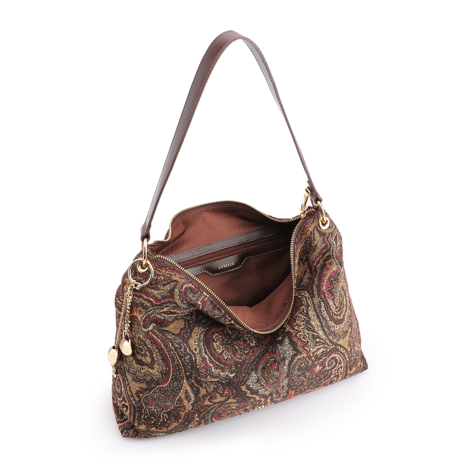 Bolsa Hobo Jacquard Paisley /Couro Marrom Escuro