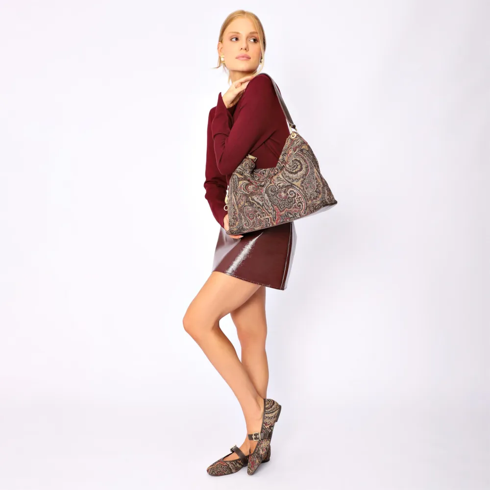Bolsa Hobo Jacquard Paisley /Couro Marrom Escuro - imagem 6